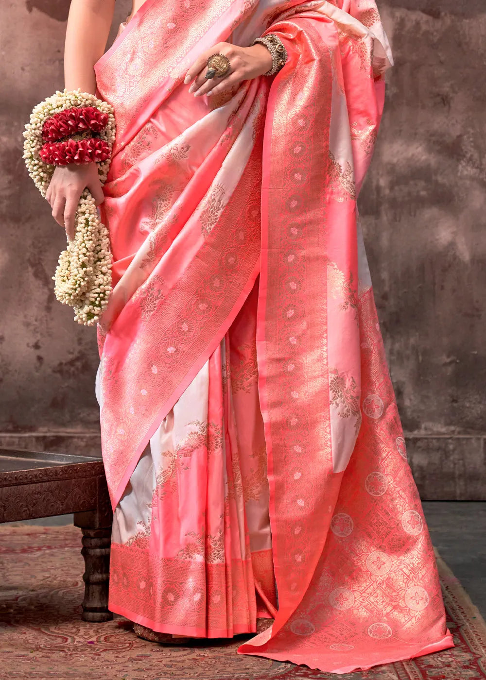 Vibrant Peach-Pink Rangkaat Handloom Silk Saree Cheap Online Store