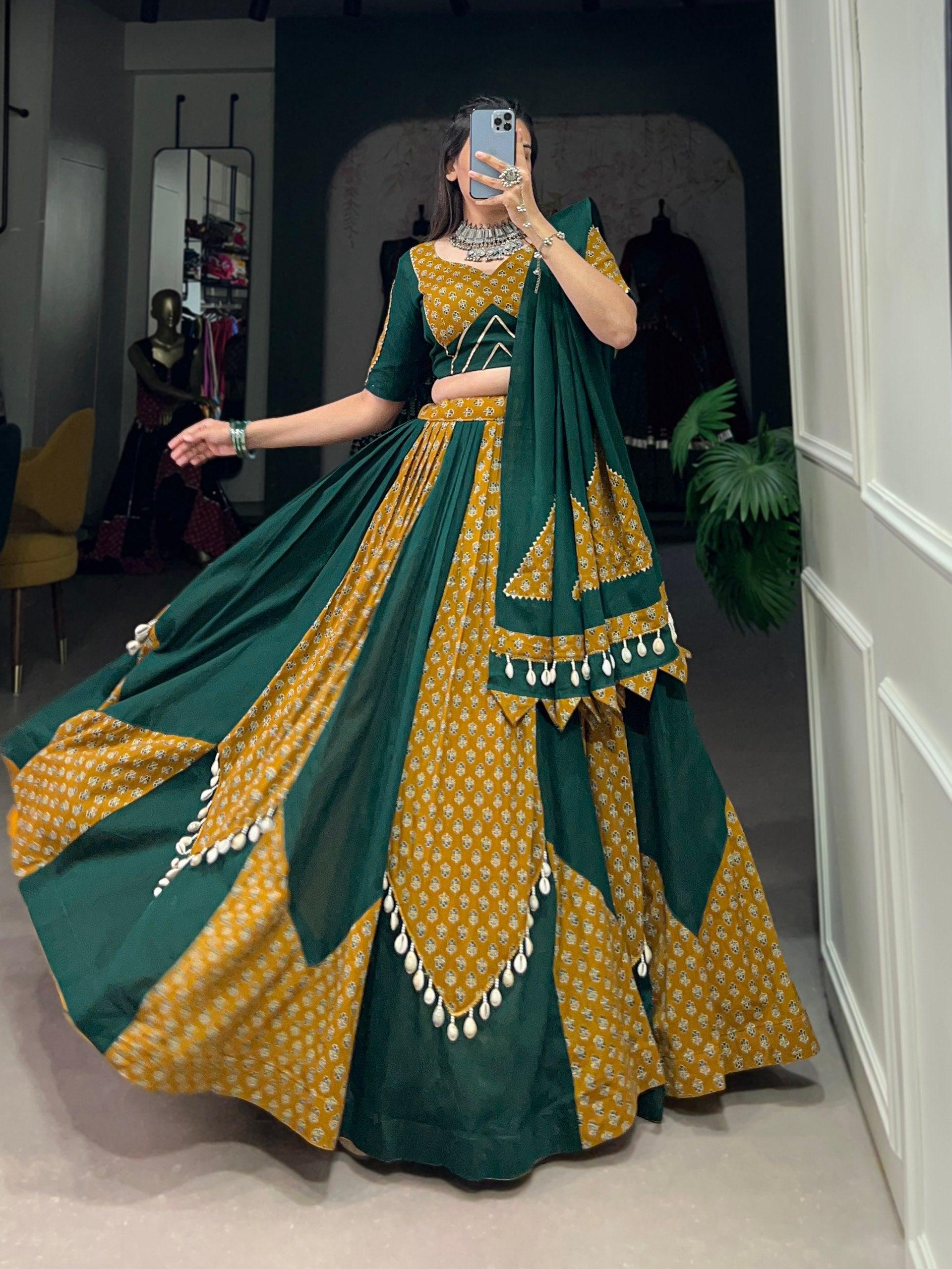 Mustard & Green Colored Pure Cotton Navratri Wear Lehenga Set Sale Manchester Great Sale