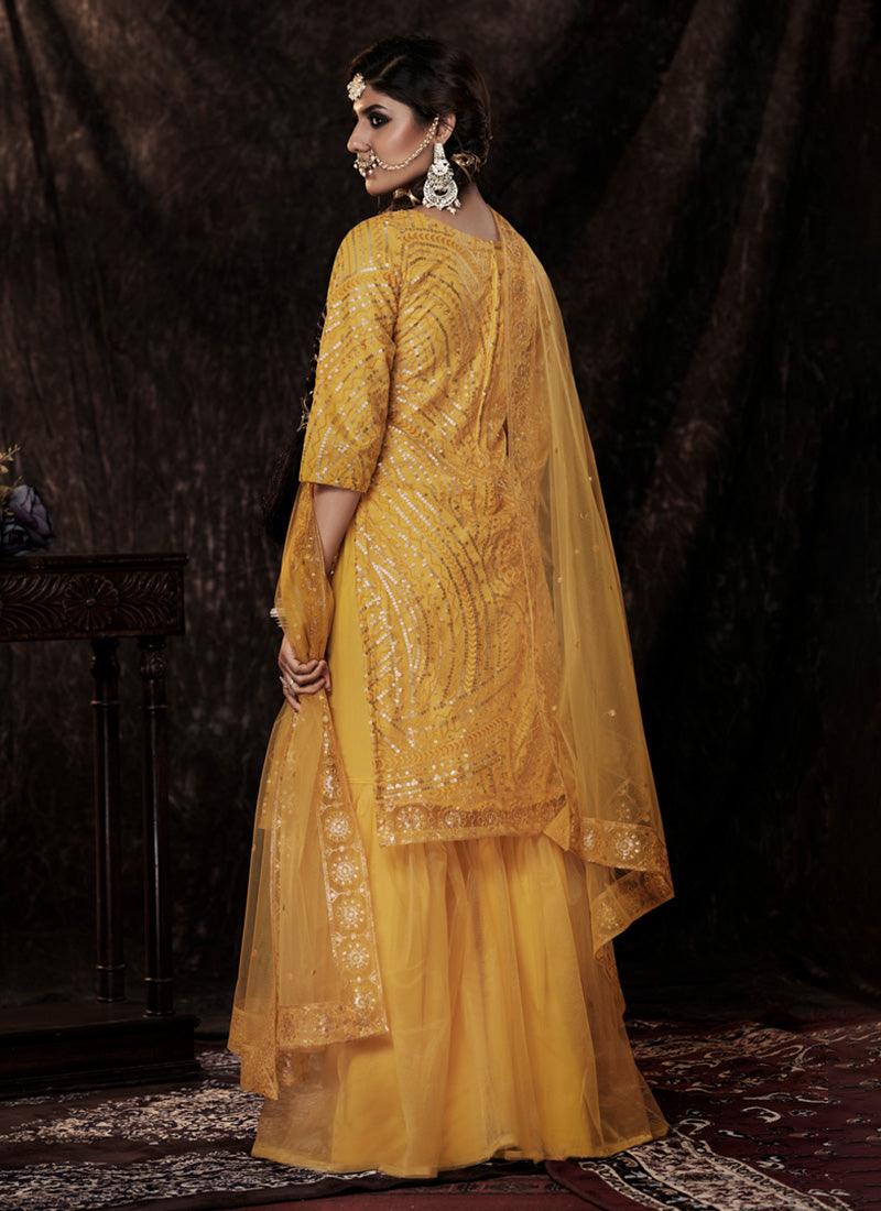 Mustard Yellow Color Net Base Sharara Suit With Sequins Work Free Shipping Release Dates