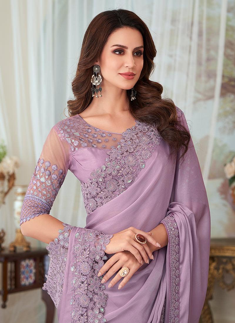 Light Purple Embroidered Silk Saree Outlet New