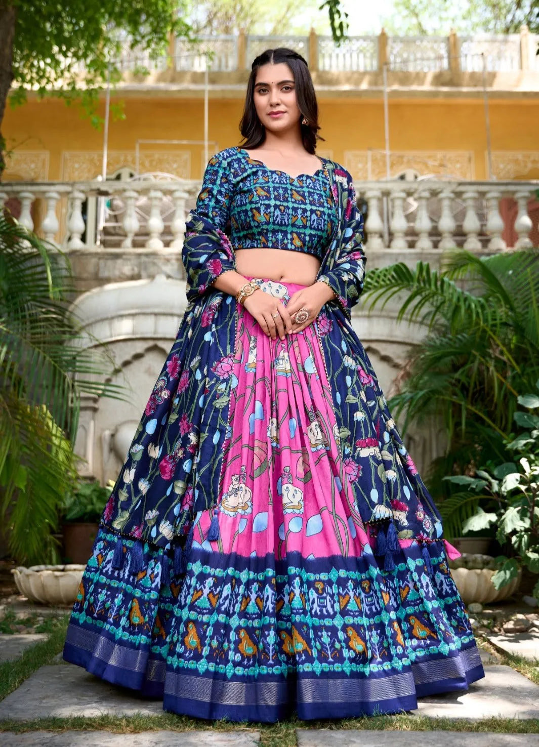 Adorable Pink Patola Print Zari Weaving Border Work Lehenga Choli Cheap Pirce