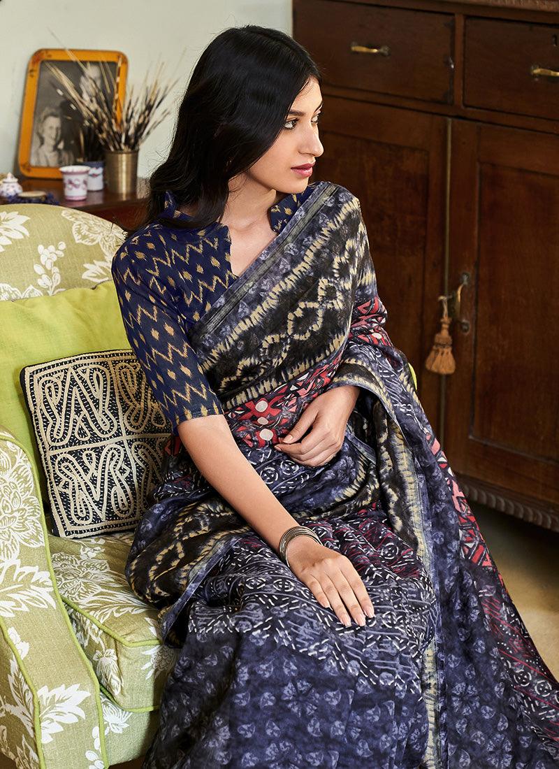 Collared Pattern Printed Teal Blue Saree Release Dates Authentic