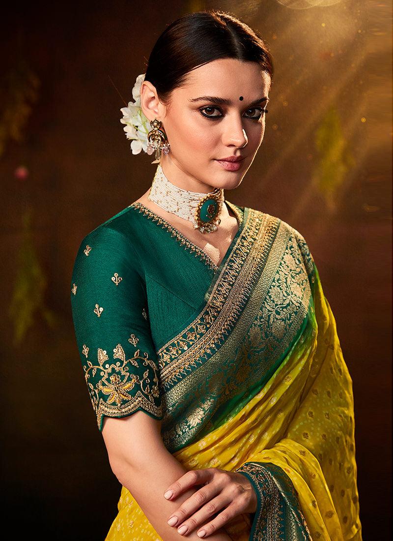 Embroidered Blouse With Yellow Bandhej Saree For Sale 2025