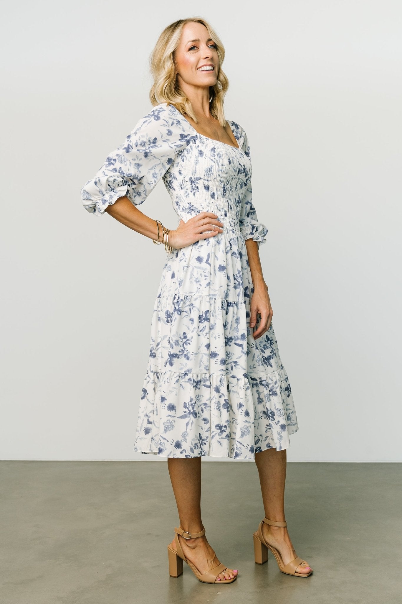 Marta Smocked Midi Dress | White + Blue 2025 Newest Online