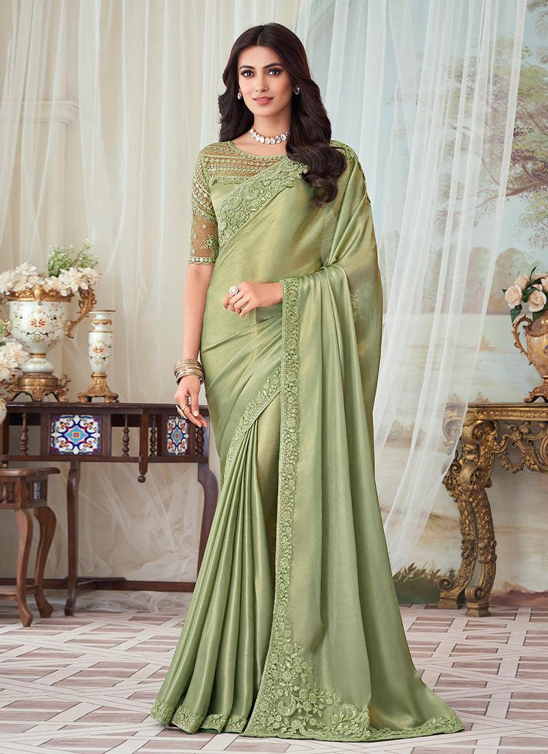 Green Silk Fabric Embroidered Saree Buy Cheap Hot Sale