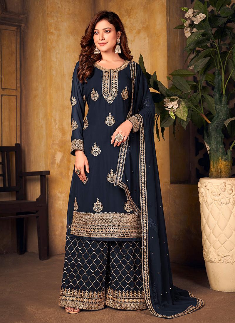 Dark Blue Color Georgette Base Embroidered Palazzo Suit With Sequins Work Footlocker Pictures Cheap Online