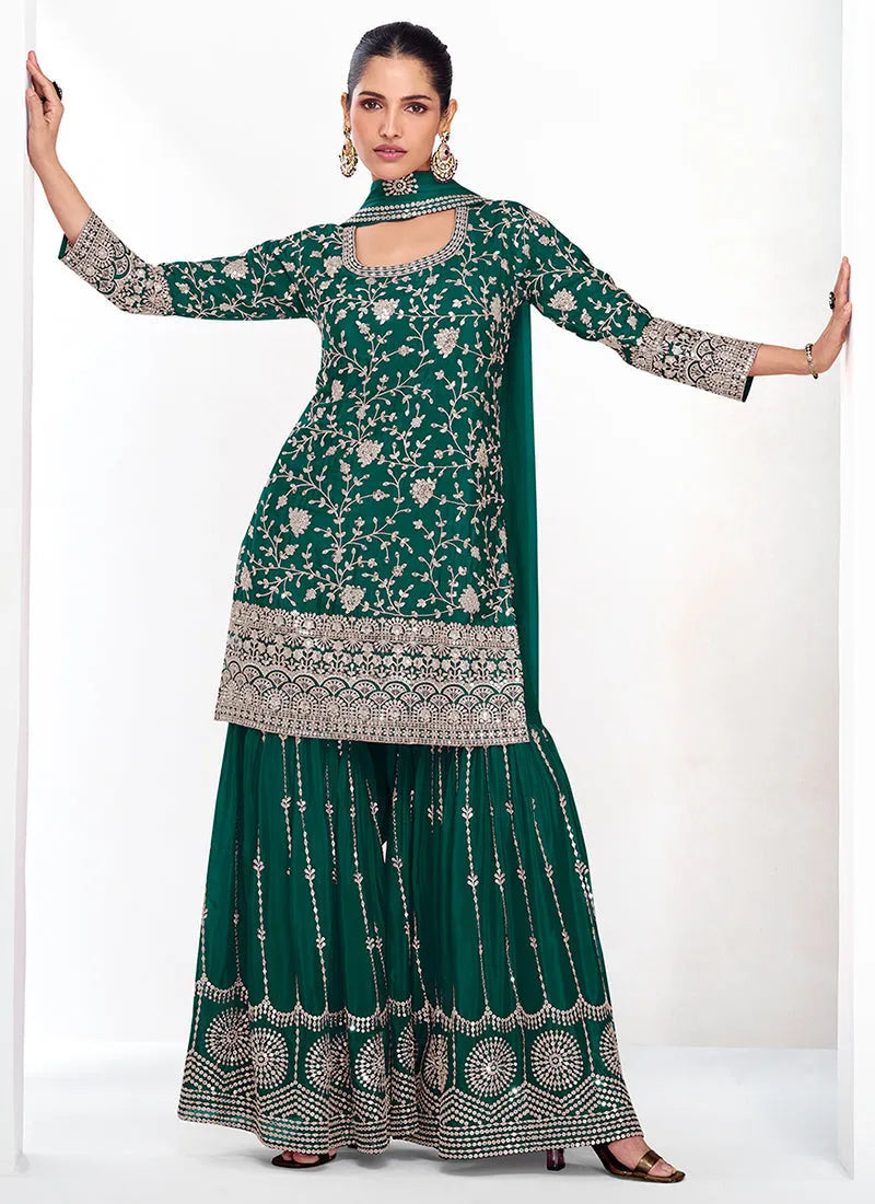 Gorgeous Green Traditional Embroidered Palazzo Suit Factory Outlet Cheap Online