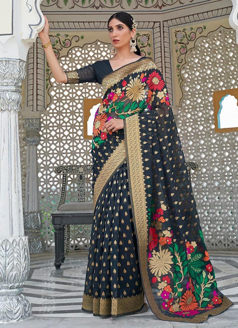 Elegant Look Black Color Linen Fabric Silk Weave Embroidered Saree Comfortable Cheap Pice