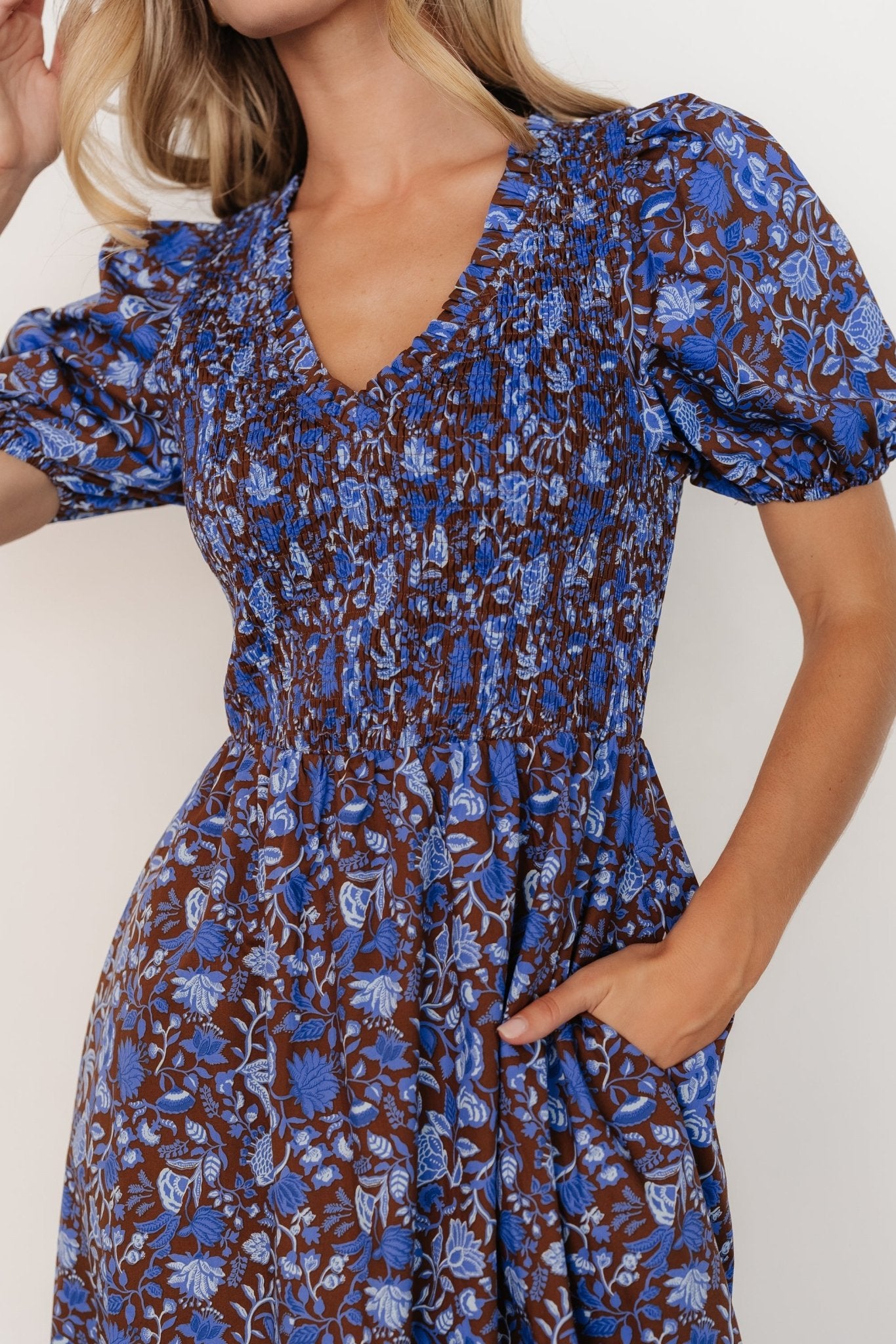 Stockton Smocked Dress | Brown + Blue Floral Visit New For Sale