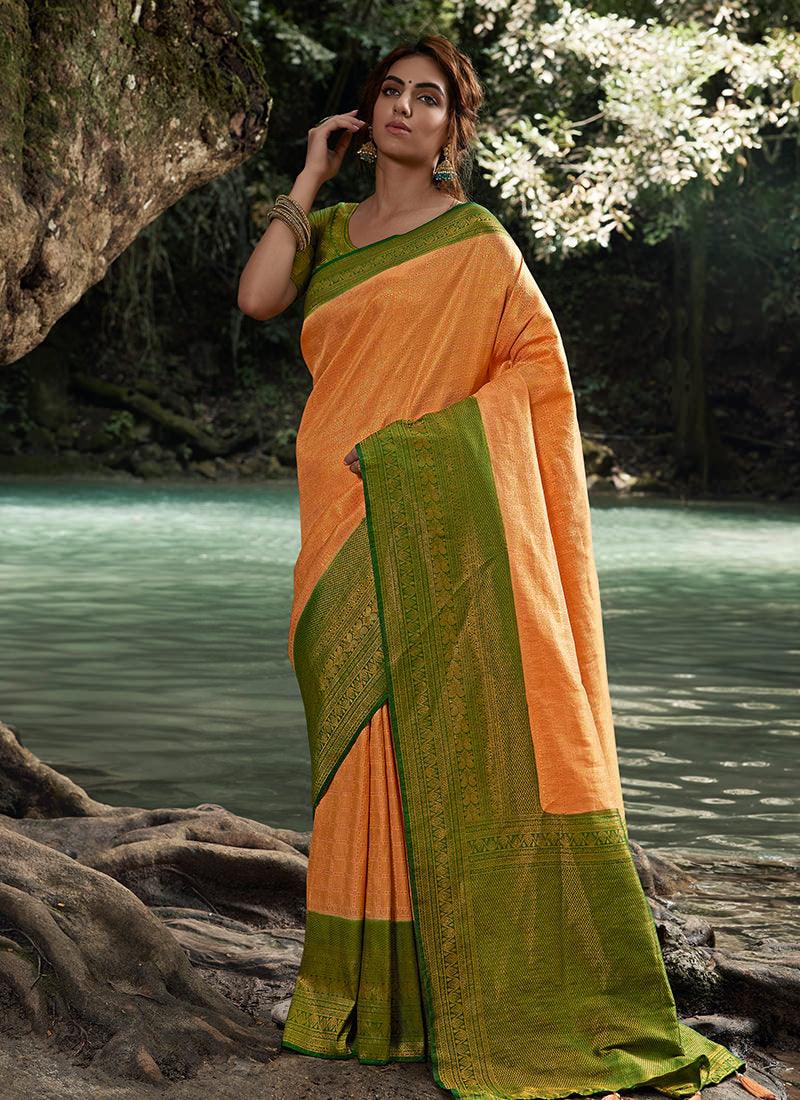 Silk Weave Light Orange Kanjivaram Saree Best For Sale