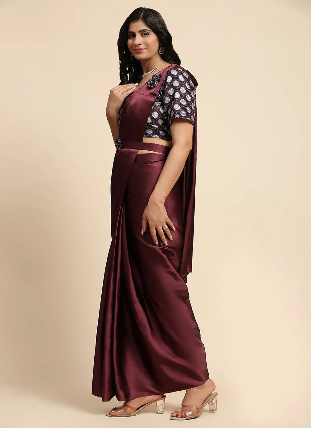 Wine Imported Satin Designer Ready To Wear Partywear Saree Cheap Sale Cost