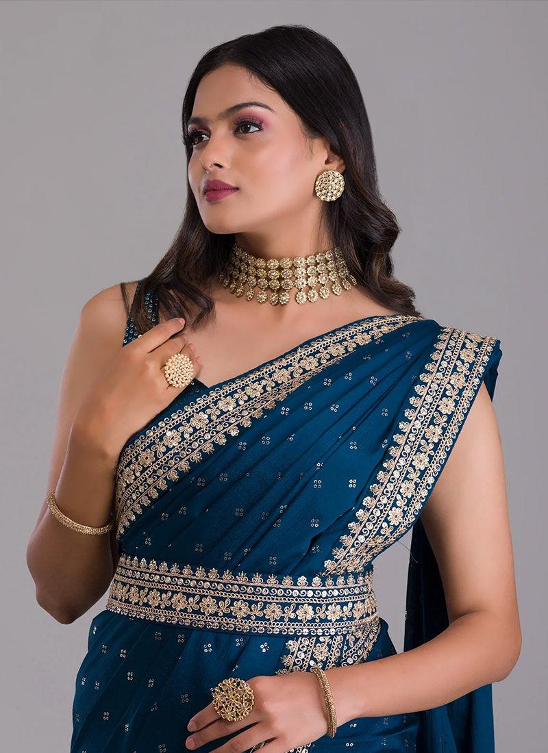 Heavy Sequins Blouse With Navy Blue Saree Official Sale Online