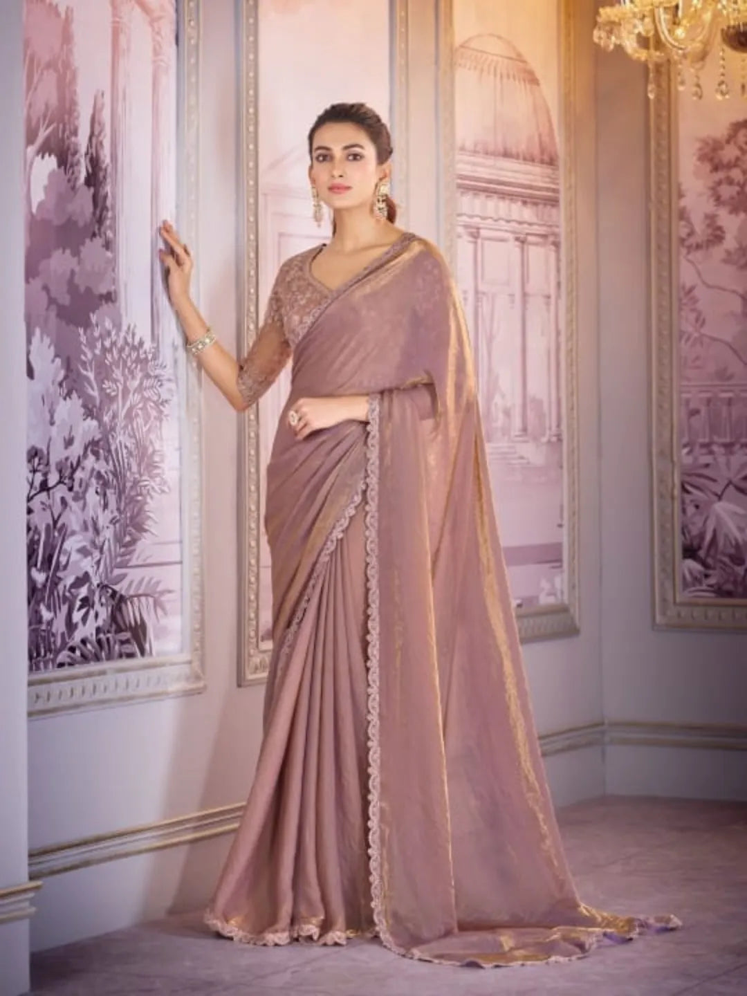 Refined Rosy Brown Satin Organza Embroidered Saree Buy Cheap Best Wholesale