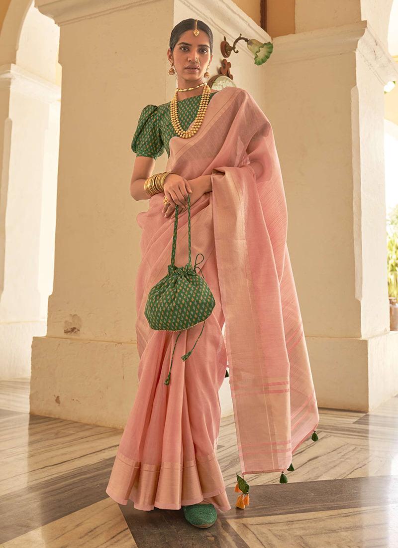 Peach Organza Saree With Contrast Blouse Pictures Online