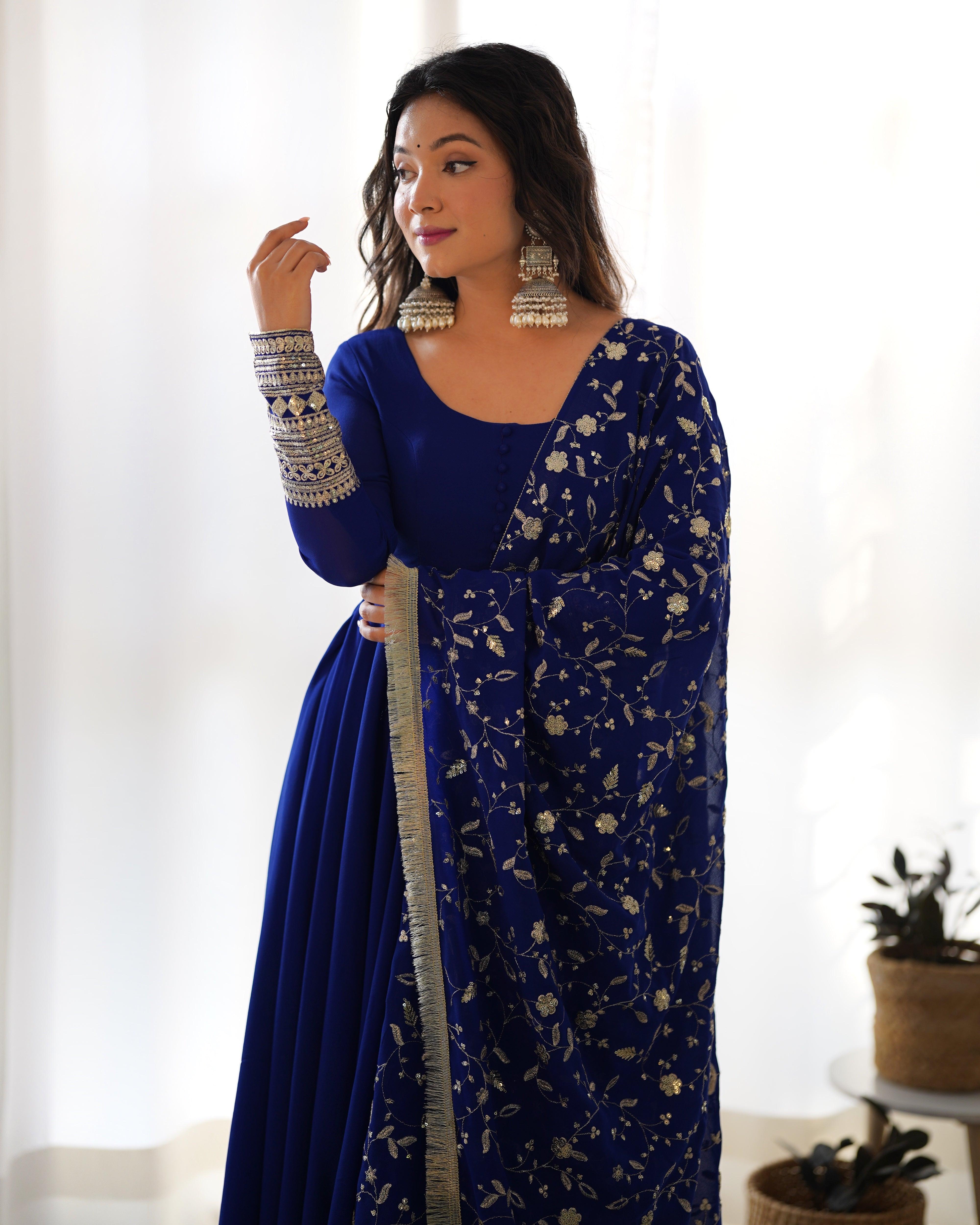 Blue Faux Georgette Anarkali Pant Suit With Sequins Embroidered Dupatta Cheap Wiki