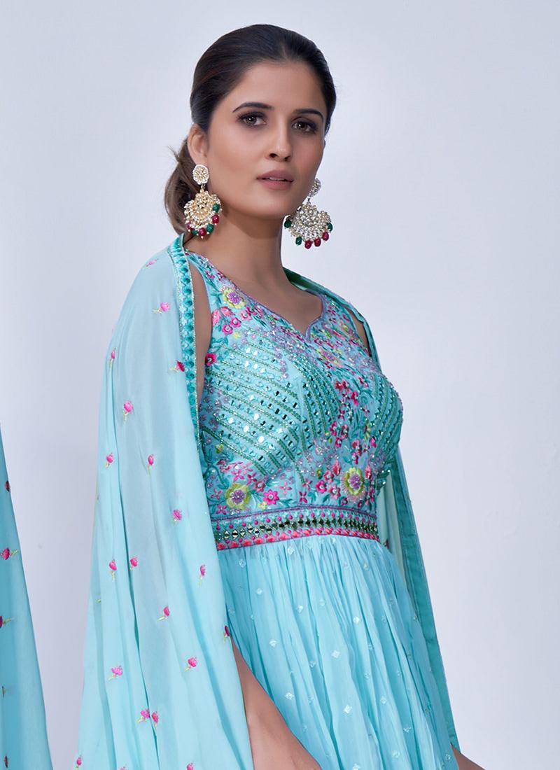 Thread With Mirror Work Aqua Blue Palazzo Suit Cheap Exclusive