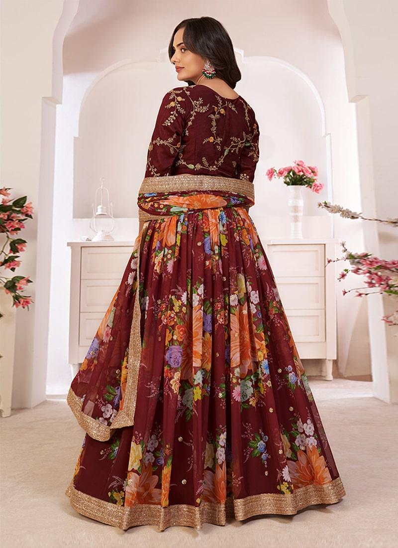 Maroon Color Georgette Material Floral Print Lehenga Buy Cheap Best Pices