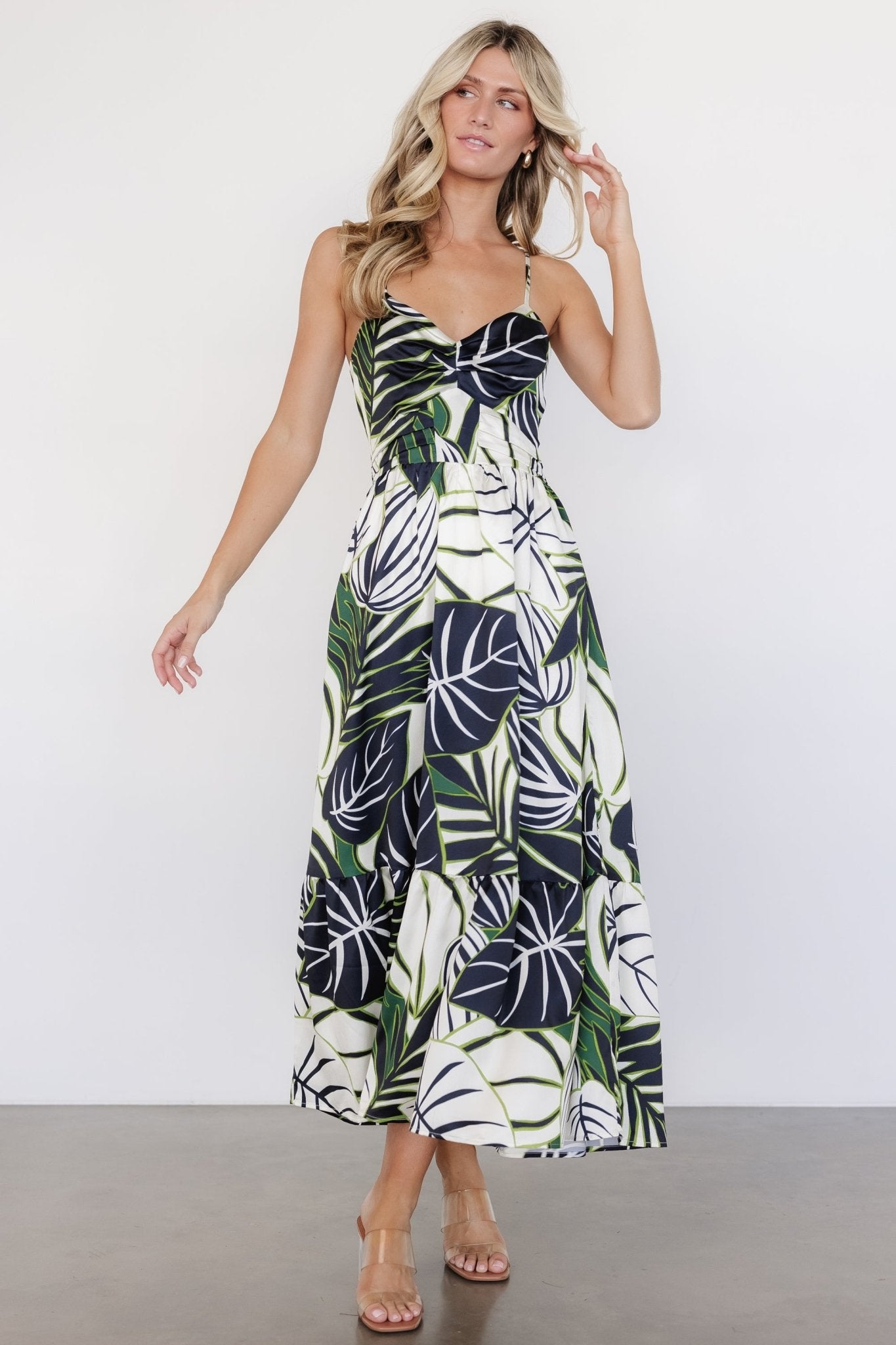 Norita Tie Back Tank Dress | Black + Green Print Popular