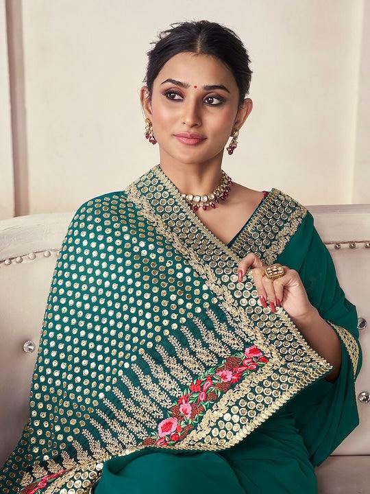 Green color Organza Embroidered Designer Saree Cheap Get To Buy