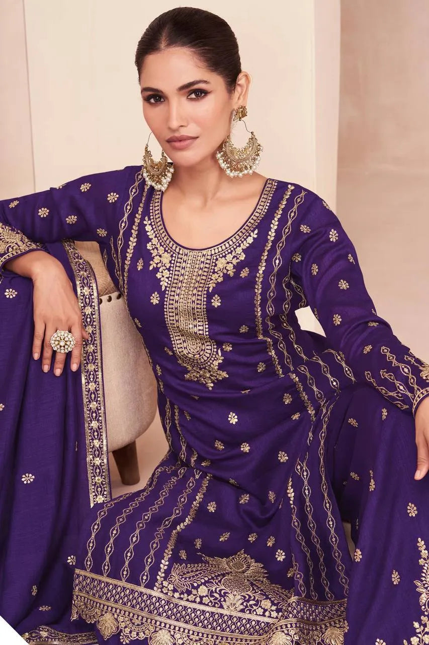 Pristine Purple Embroidered Vichitra Silk Palazzo Suit Buy Cheap For Cheap