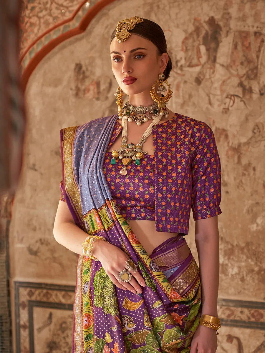 Luminous Lavender Designer Rajwadi Printed  Silk Saree Pay With Visa Sale Online