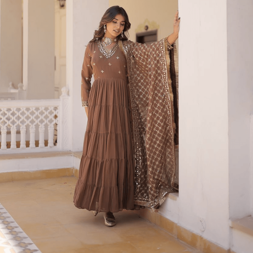 Brown Georgette readymade ruffled gown with dupatta Buy Cheap Manchester