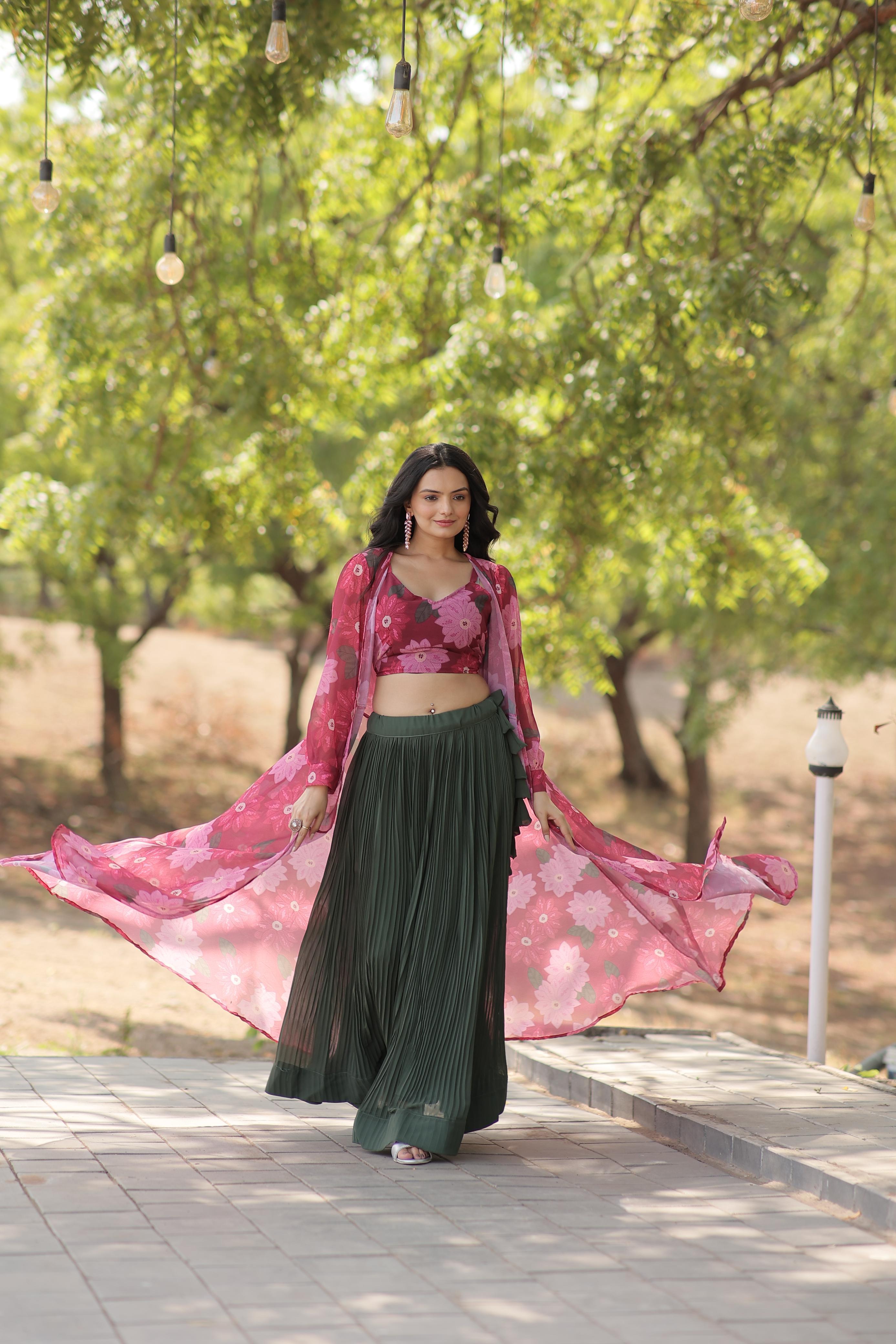 Stylish Crush Pleated Lehenga Choli Set With Floral Shrug Sale Low Shipping Fee