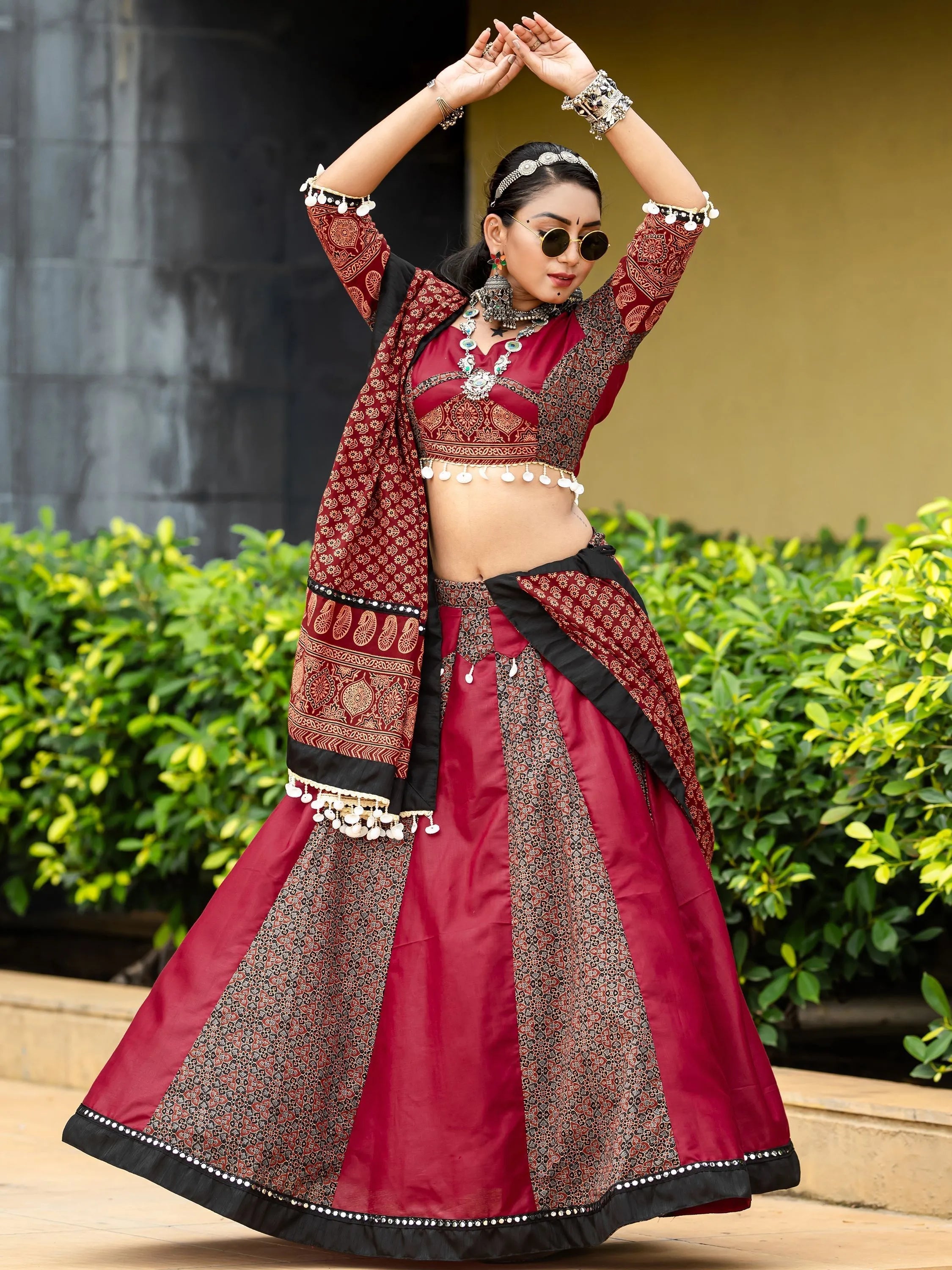 Maroon Cotton Flared Rajwadi Navratri  Lehenga Choli Free Shipping With Mastercard