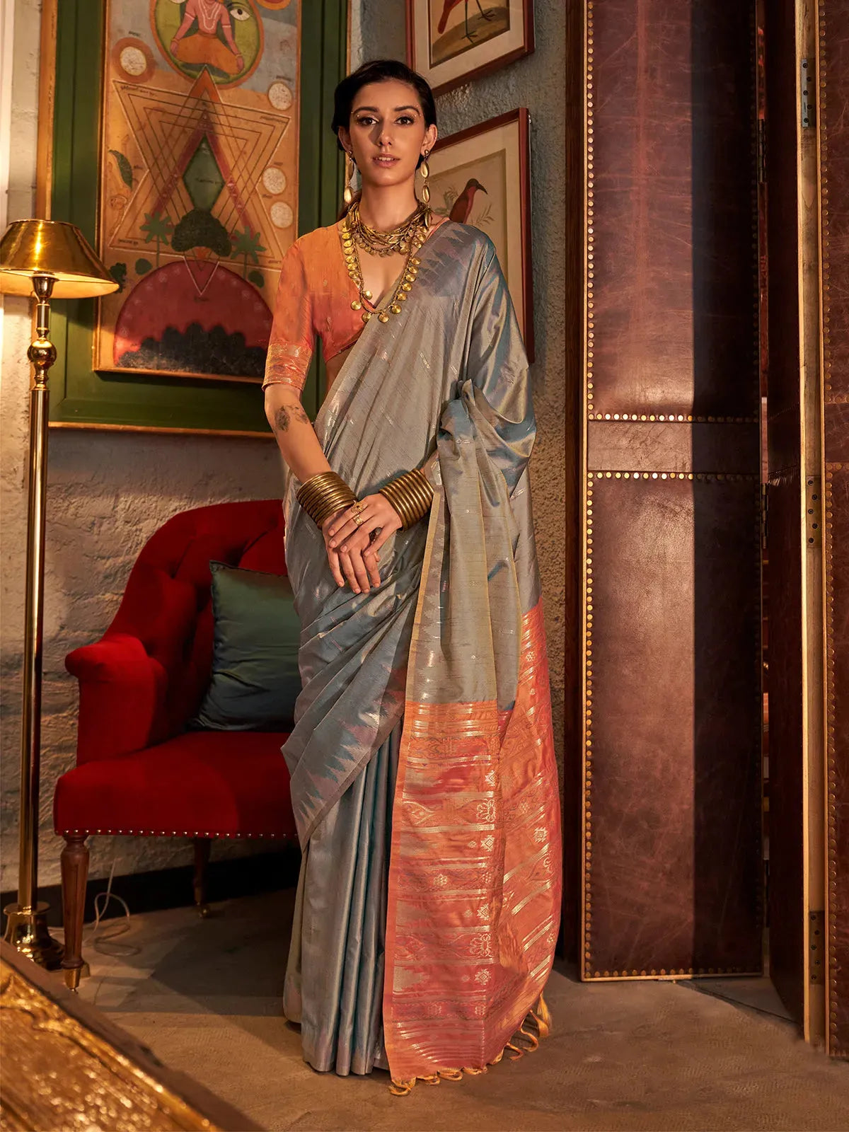 Fabulous Grey Tussar Silk Handloomed Saree Get Authentic