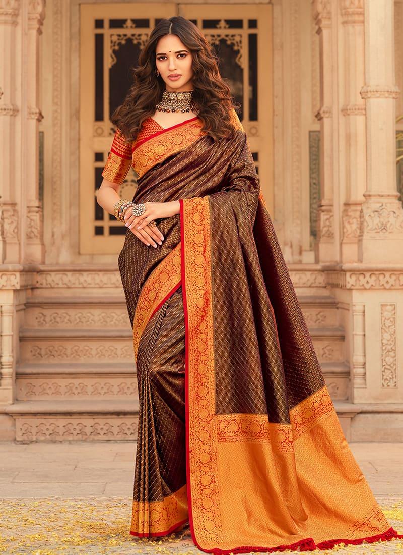 Kanjiveram Soft Silk Material Brown Color Saree With Silk Weave Buy Cheap Fake