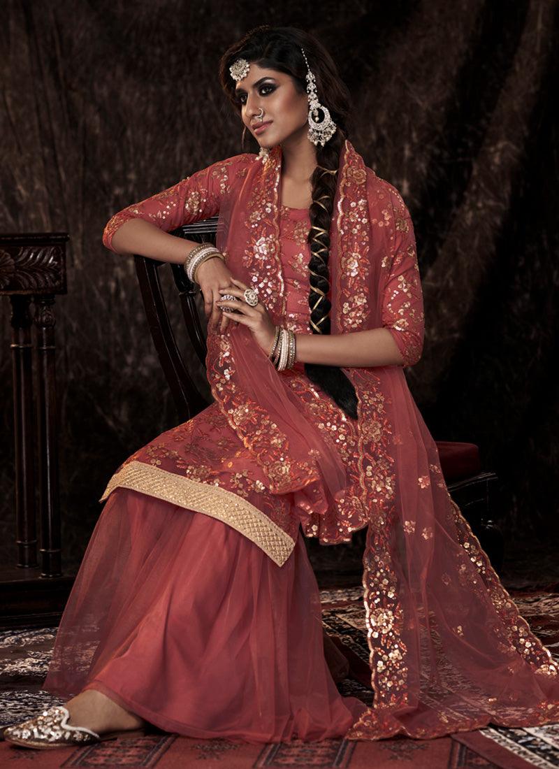 Dark Orange Color Soft Net Base Festive Wear Sharara Suit With Sequins Work How Much Cheap Online