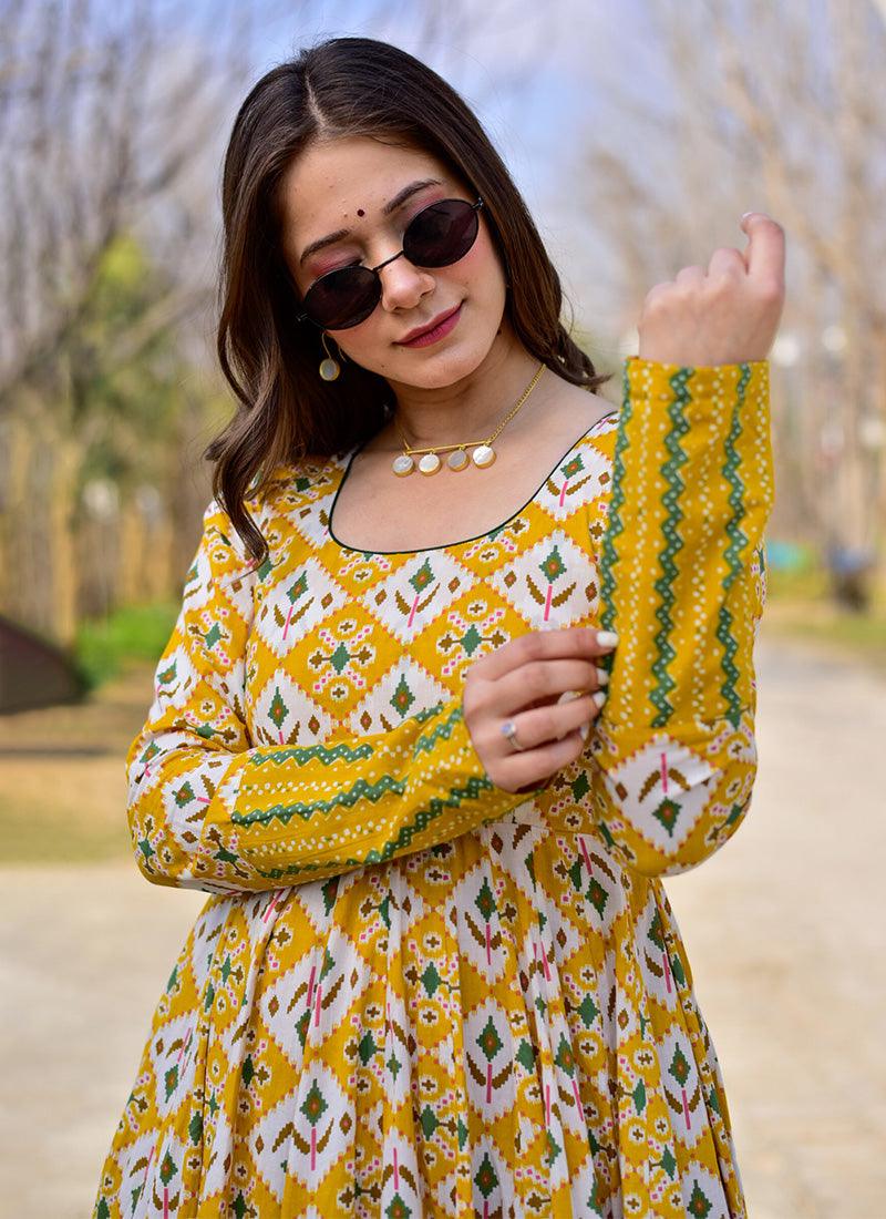 Attractive Yellow Color Muslin Base Digital Printed Gown With Full Sleeves Manchester Great Sale Online