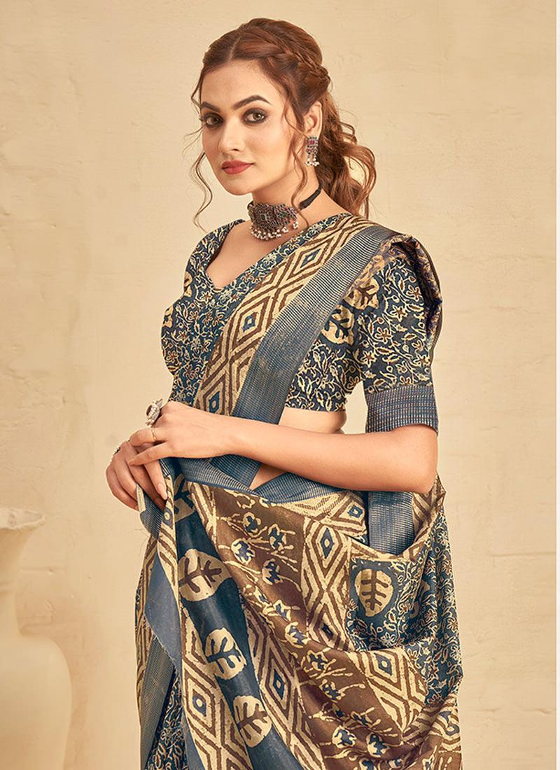 Silk With Digital Print Blue Saree Outlet Genuine