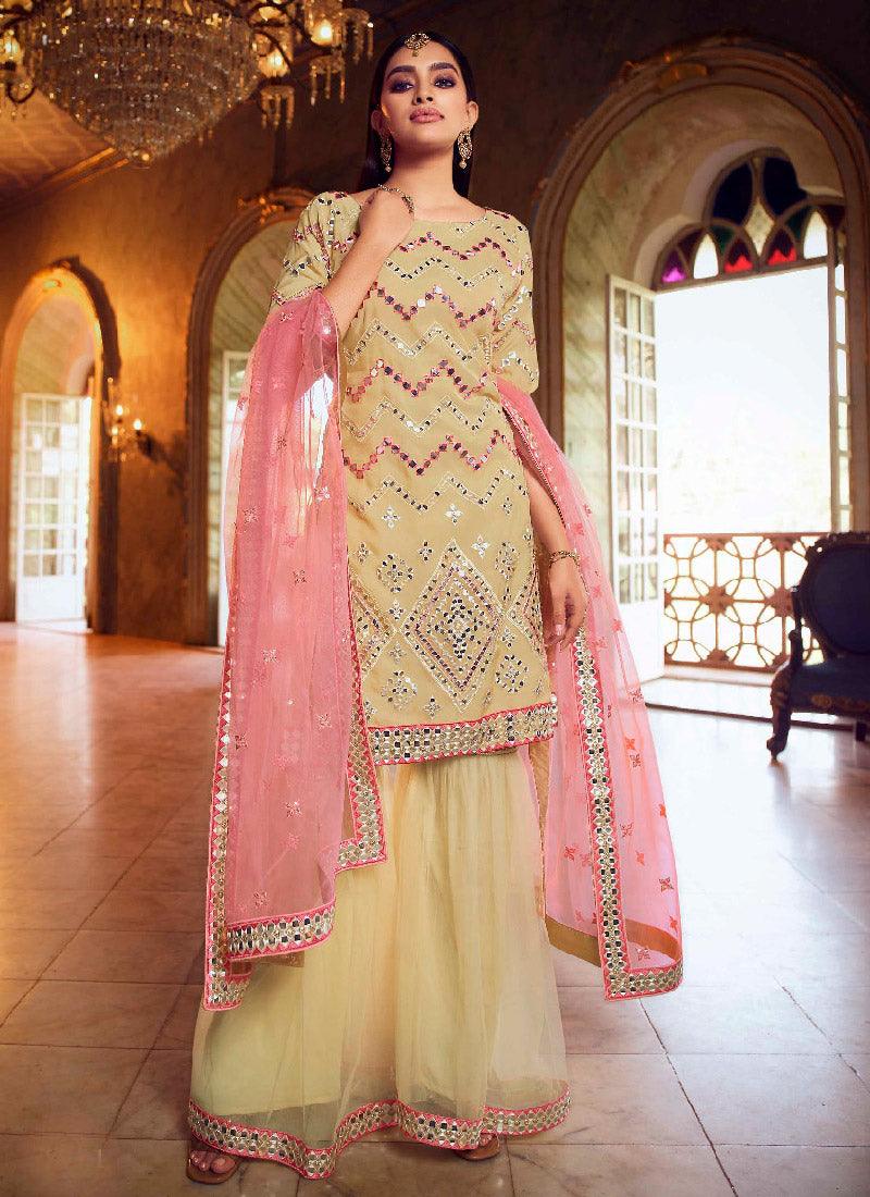 Cool Beige Color Organza Base Heavy Work Wedding Wear Sharara Suit Outlet 2025