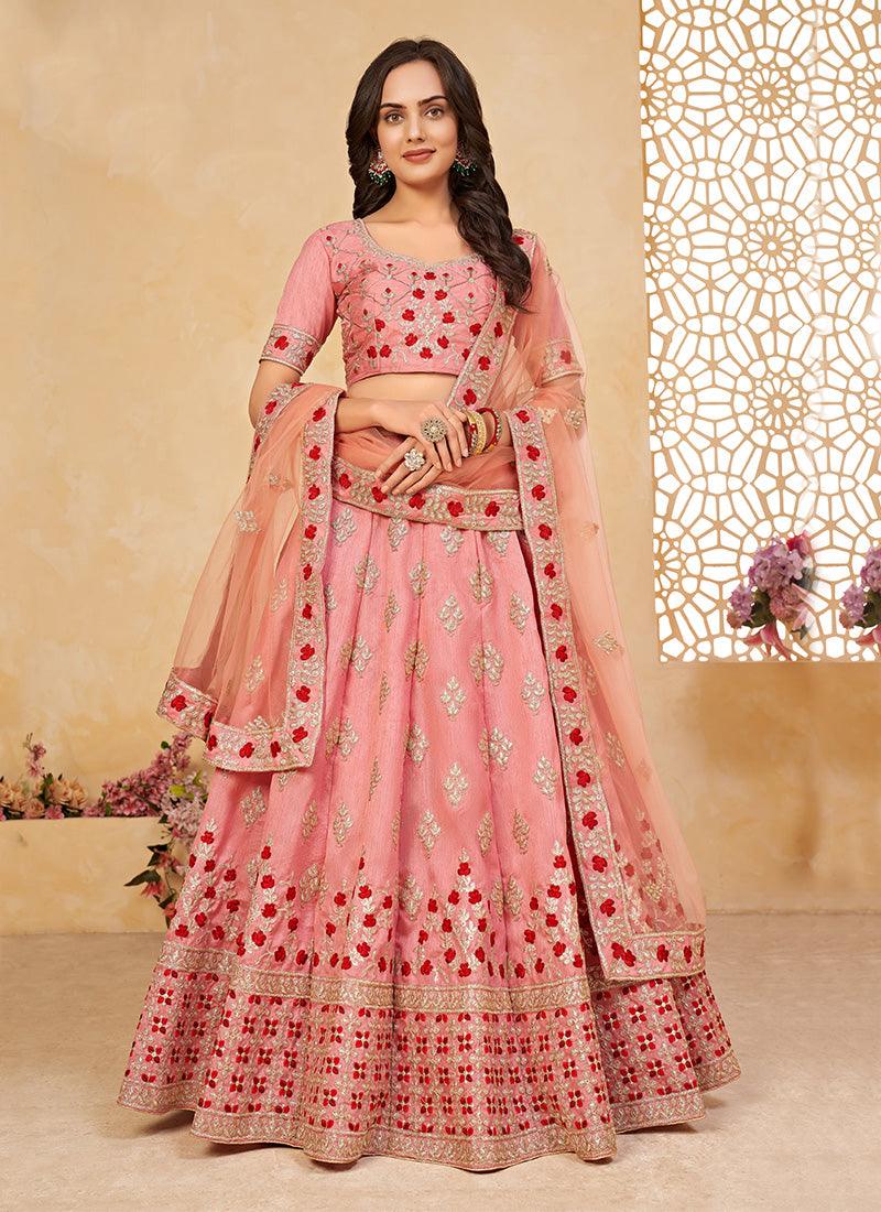 Embroidered Flared Pink Chaniya Choli For Nice Online