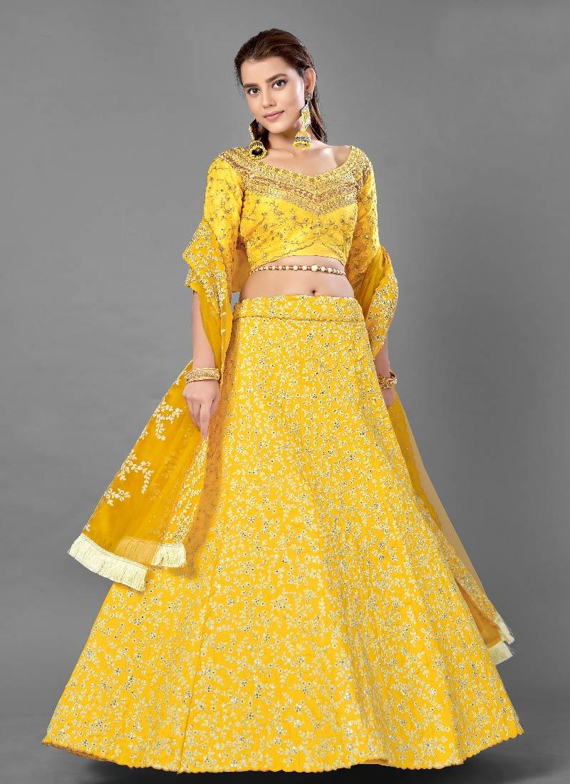 Sunshine Yellow Color Art Silk Base Designer Look Flared Lehenga Choli Free Shipping Wholesale Pice