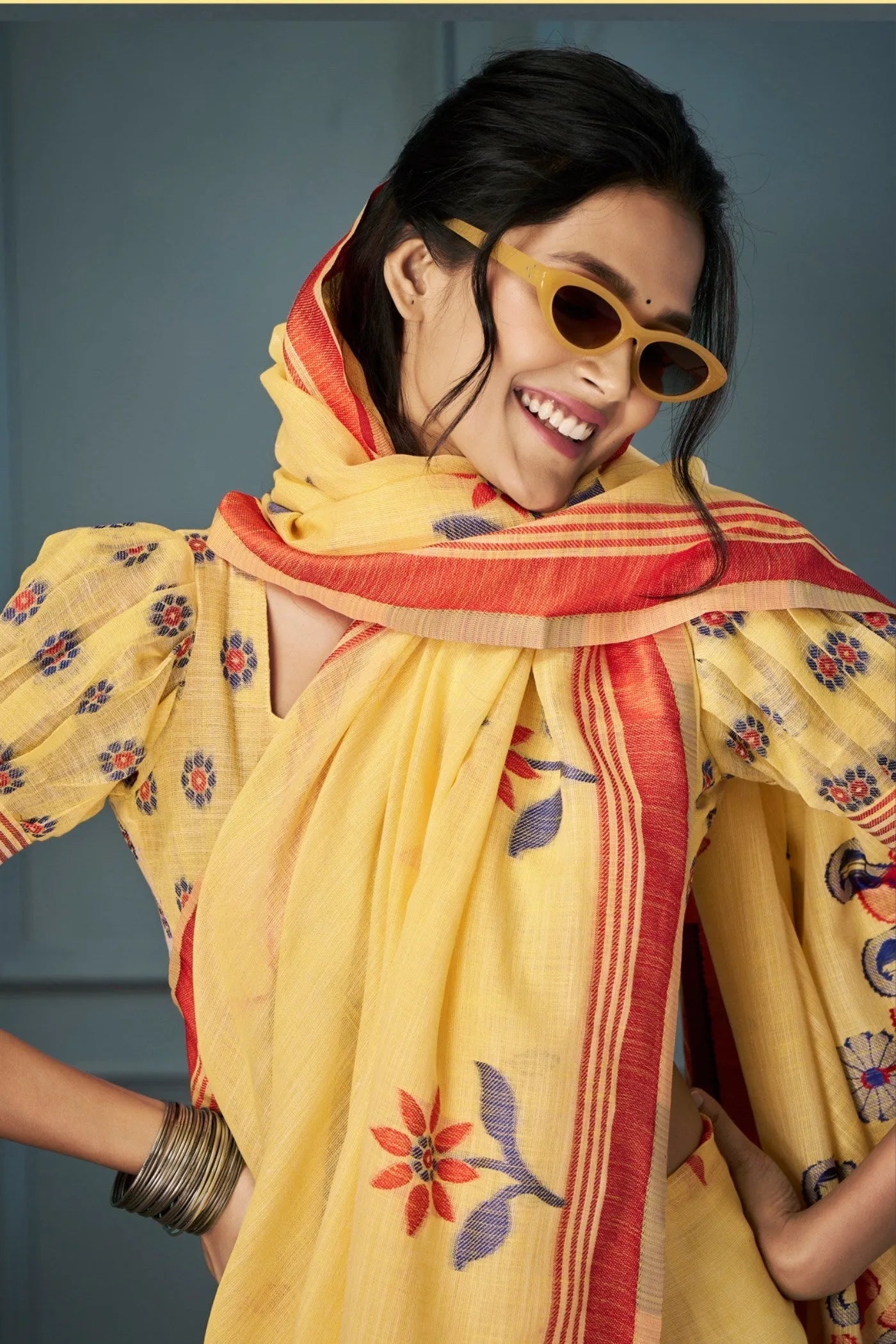 Sunset Pearl Yellow Handloom Linen Saree Outlet Hot Sale