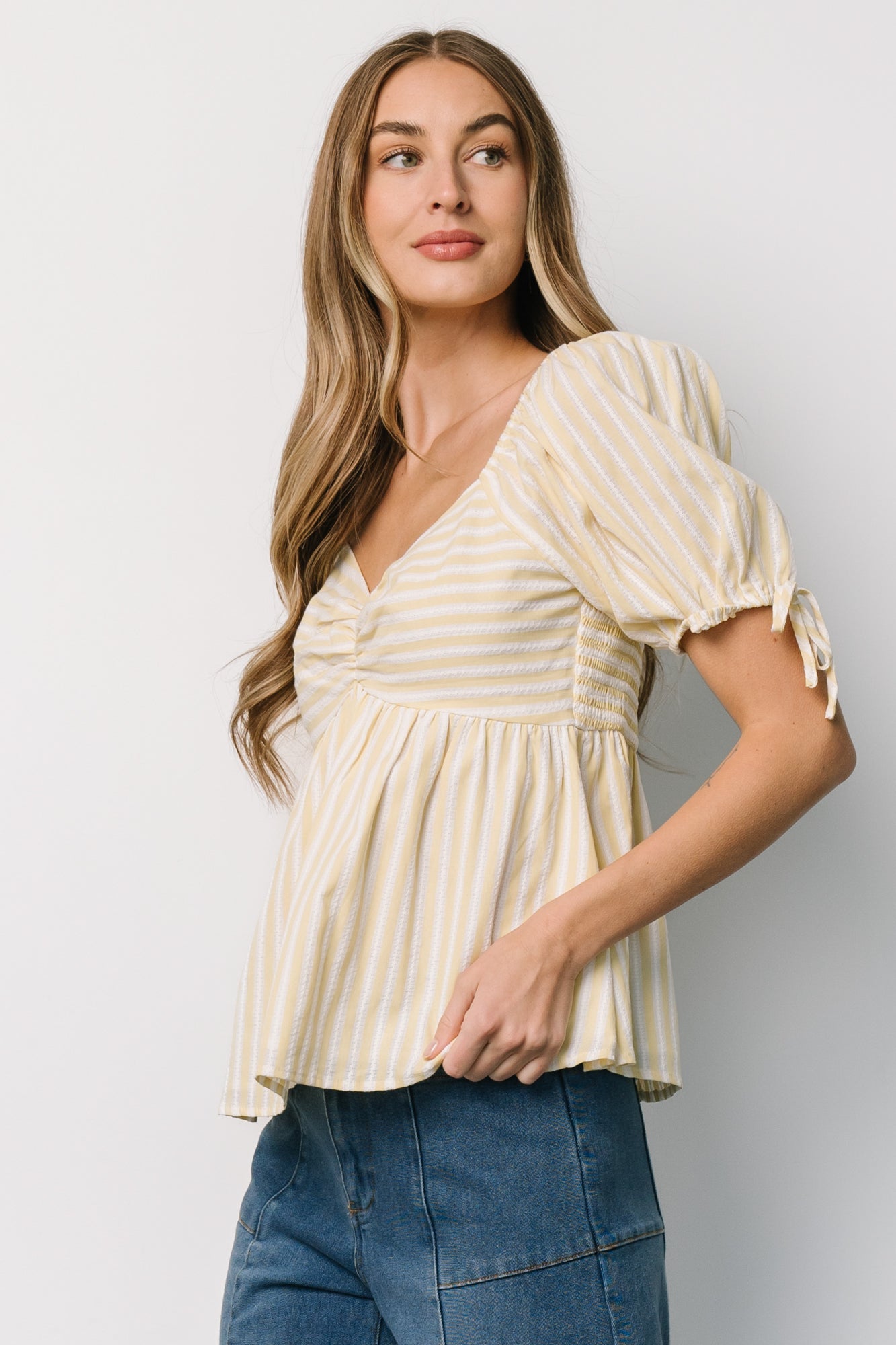 Betsy Peplum Top | Yellow + White Stripe Outlet Explore