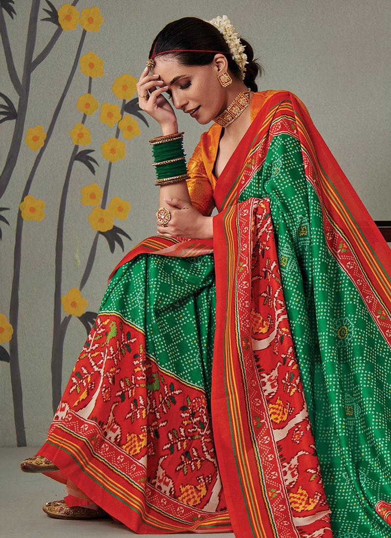 Green Patola Silk Saree With Contrast Blouse Best Pices Sale Online