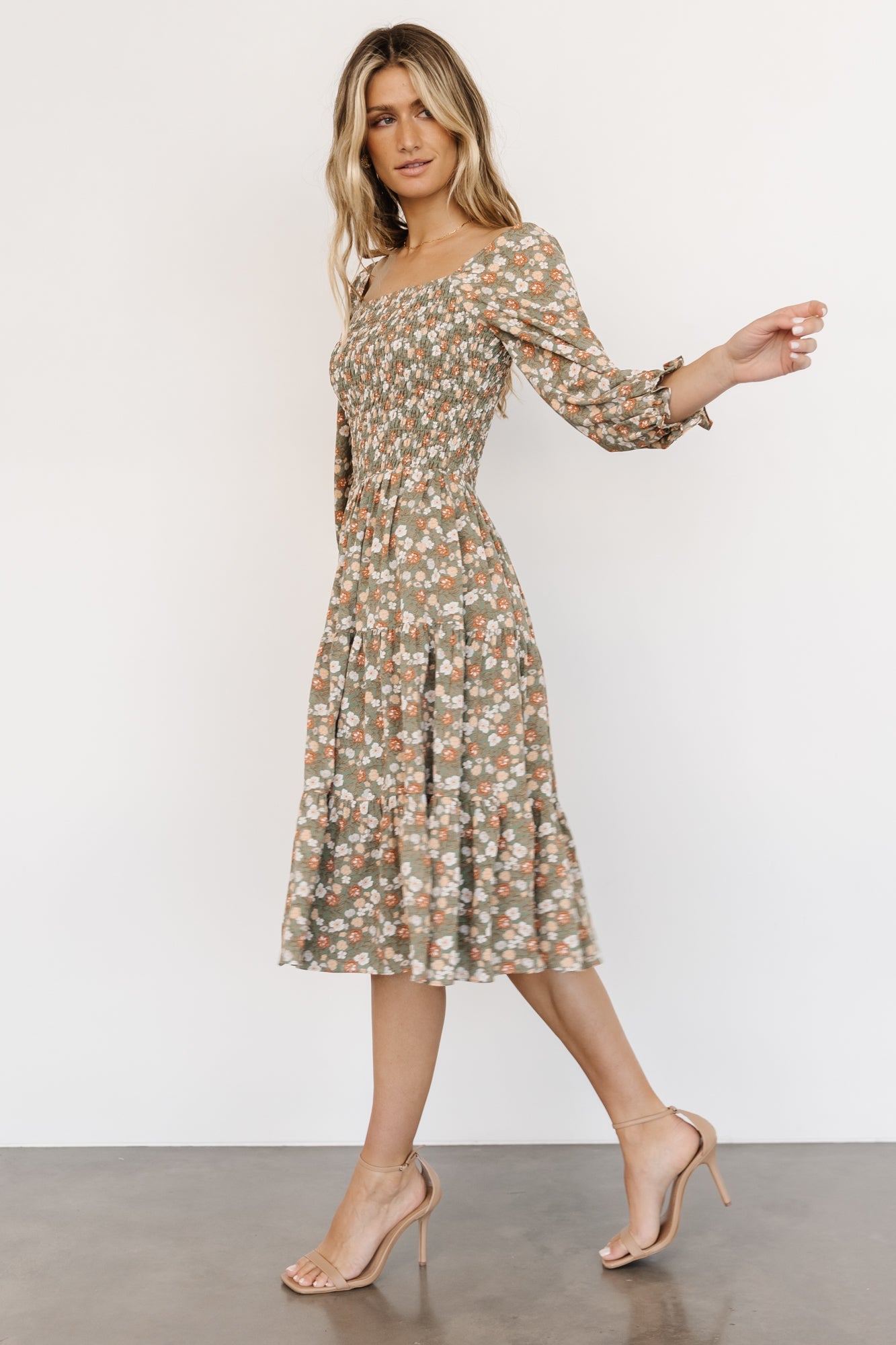 Marta Smocked Midi Dress | Dusty Olive Floral Latest Sale Online