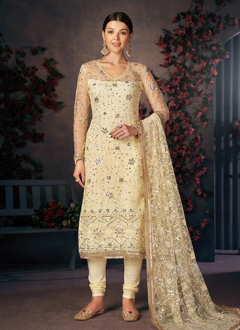 Soft Net Base Cream Color V Neck Salwar Suit With Heavy Sequins Work Dupatta Buy Cheap Clearance Store