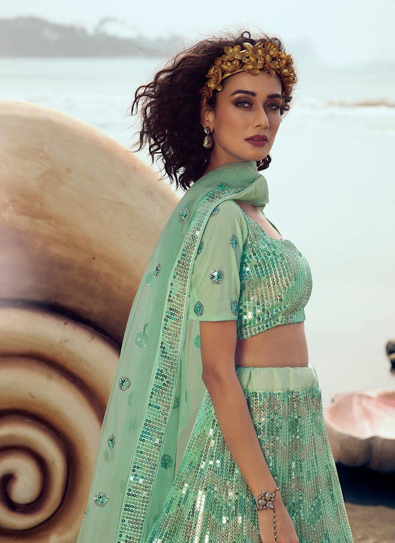 Splendid Sea Green Soft Net Base Sequin Work Lehenga Choli With Mastercard Cheap Online