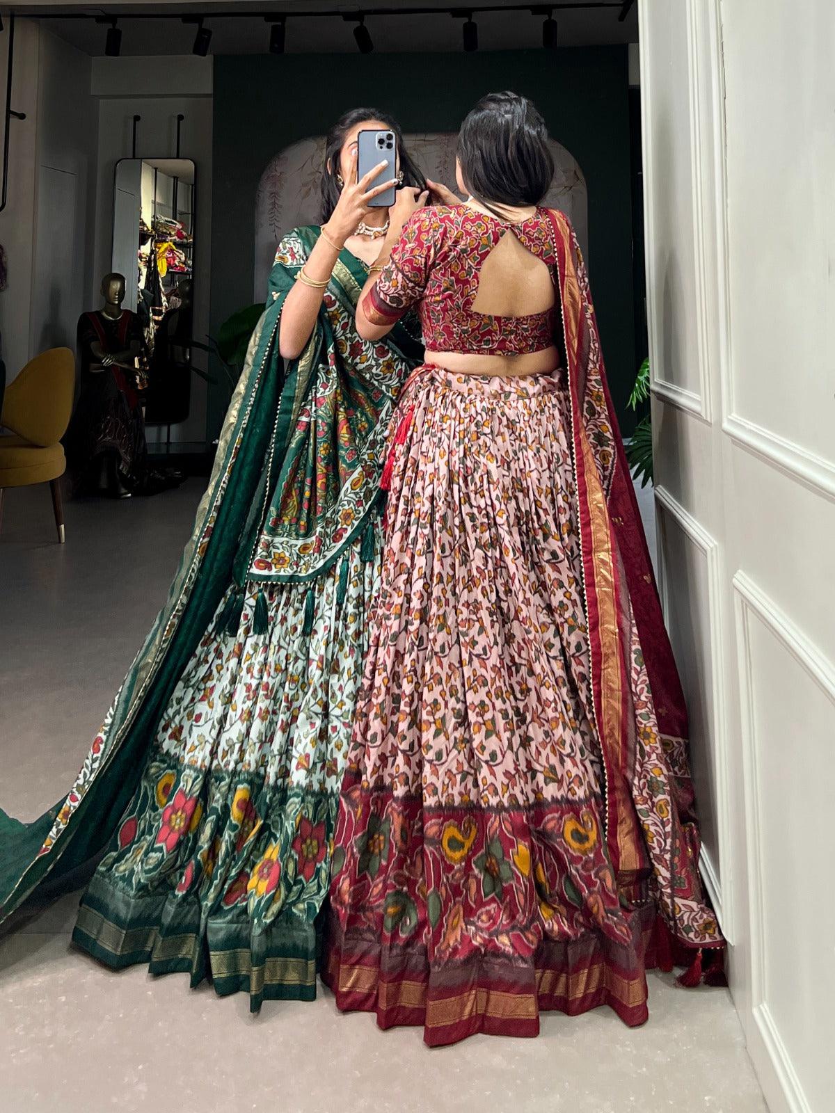 Amazing Tussar Silk Floral Printed Foil Worked Lehenga Choli Set Cheap Sale Shop