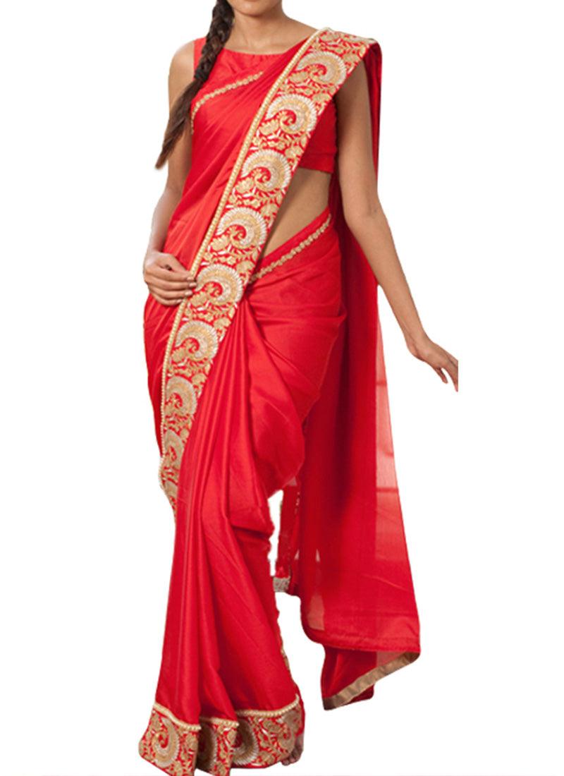 Red Color Georgette Material Zari Work Saree Clearance Good Selling