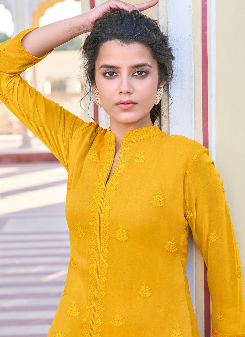 Embroidery Work Band Collar Yellow Kurti Authentic For Sale