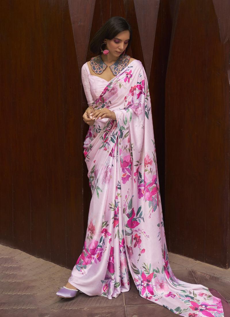 Pink Satin Crepe Floral Saree Buy Cheap Pice