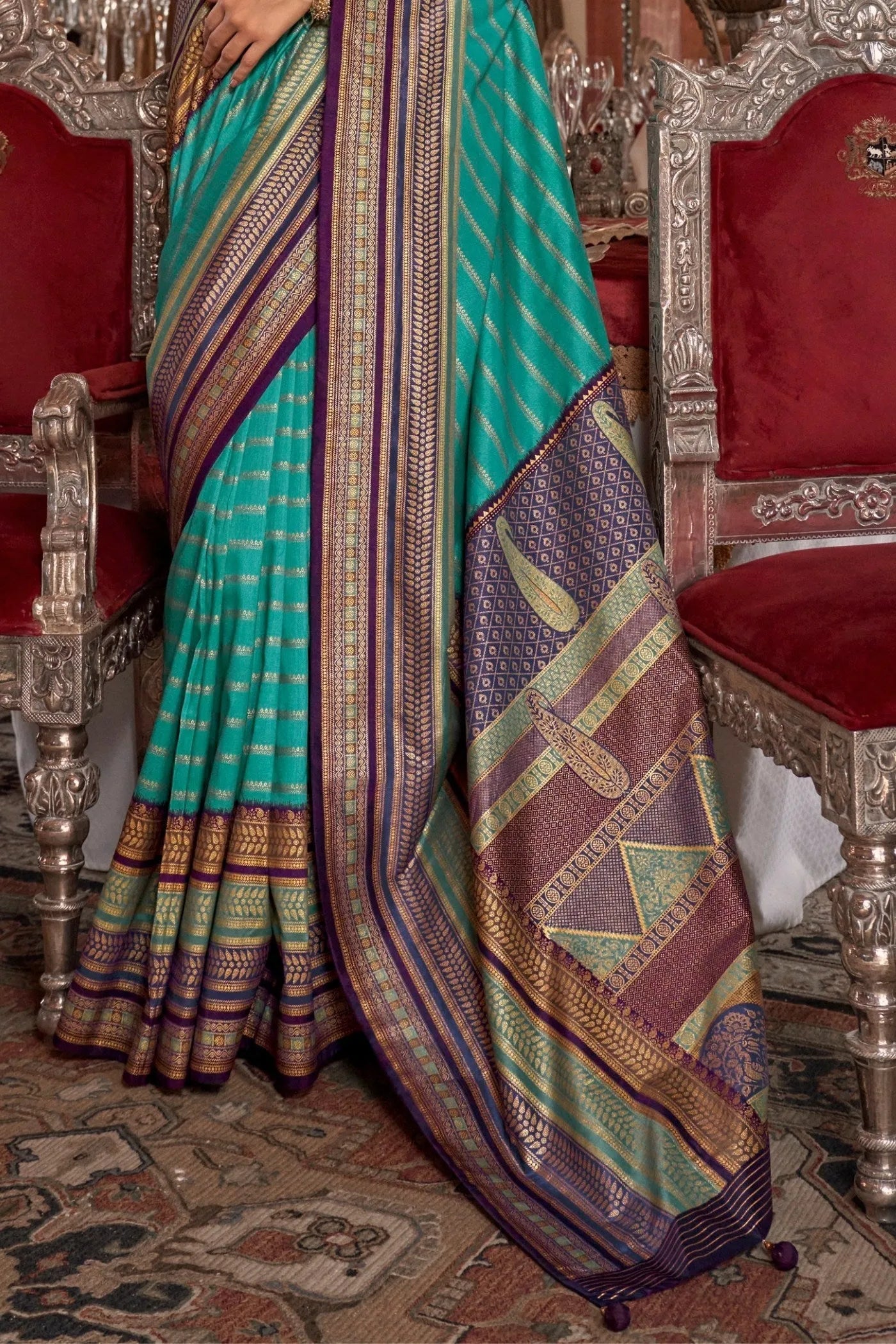 Astonishing Aqua Blue Kanjivaram and Patola Printed Silk Saree Free Shipping Shop