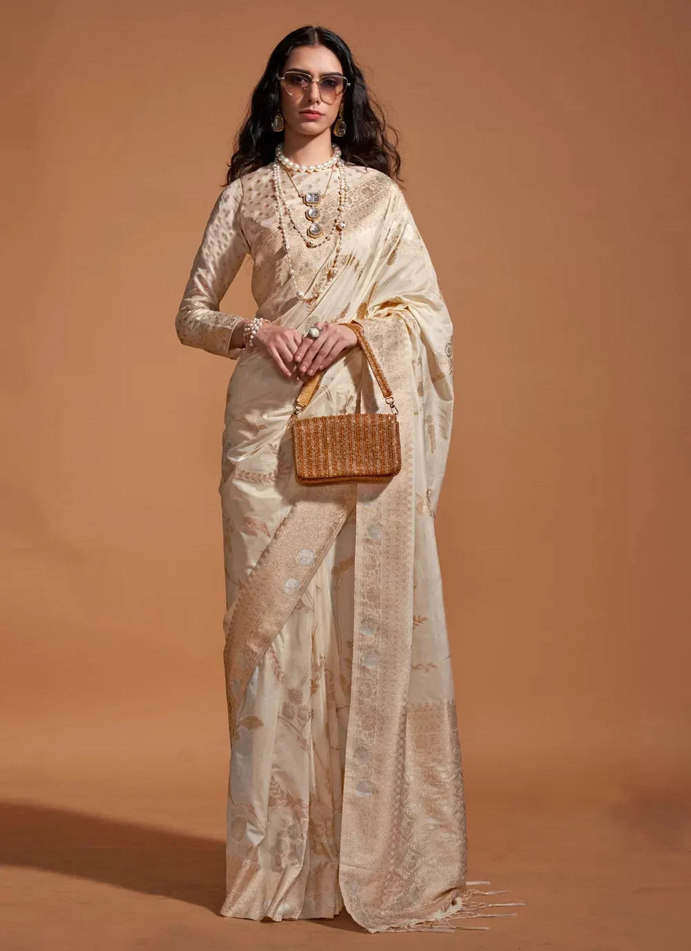 Traditional Classic  Hand Woven Off White Silk Saree Looking For