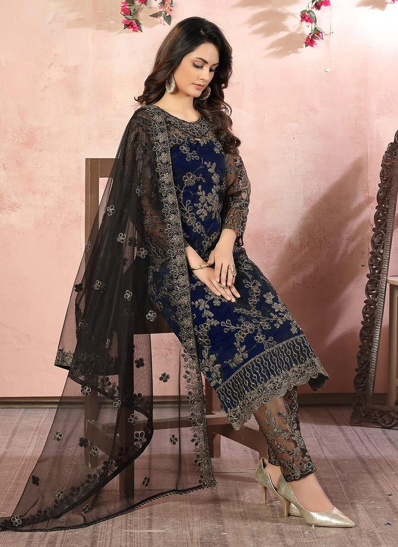 Net Base Embroidered Navy Blue Pant Style Suit For Cheap Online