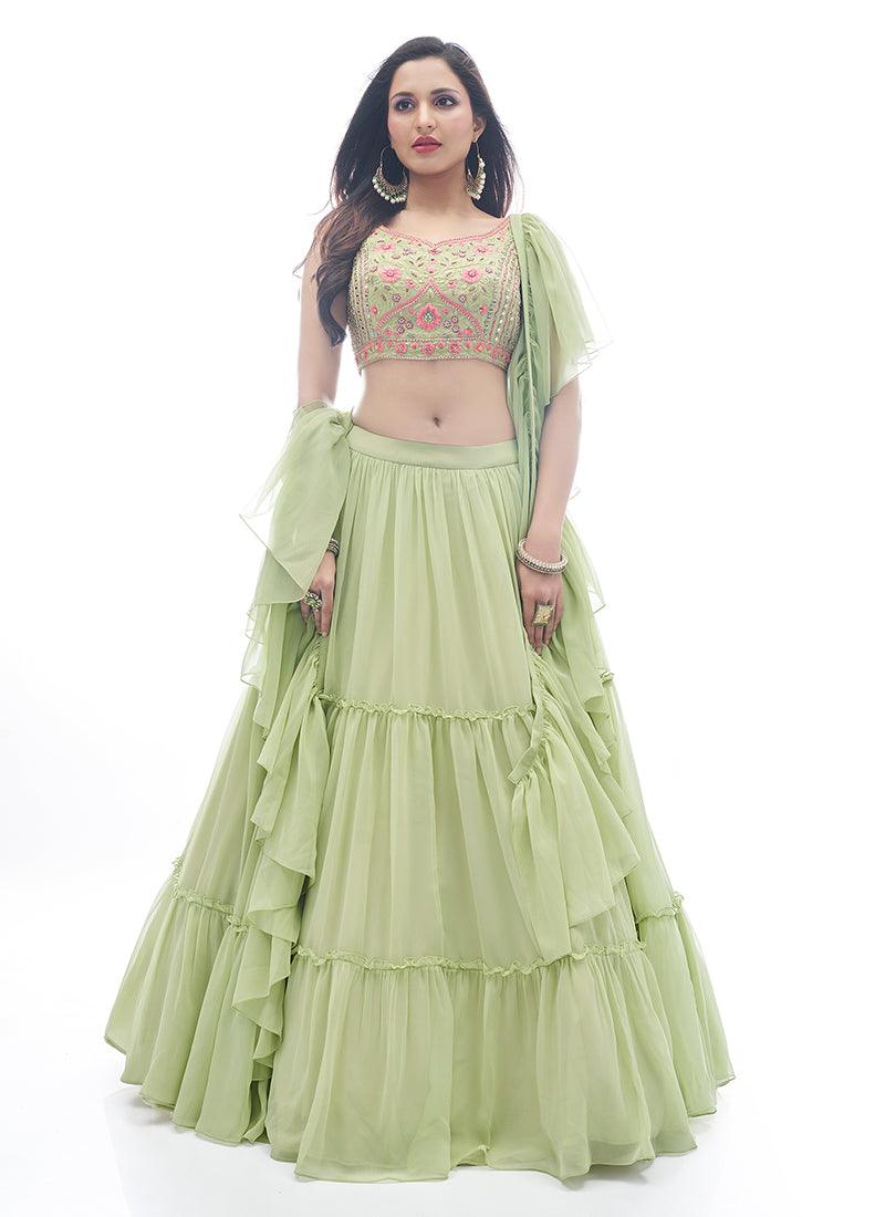 Solid Print Green Georgette Lehenga Free Shipping Low Shipping